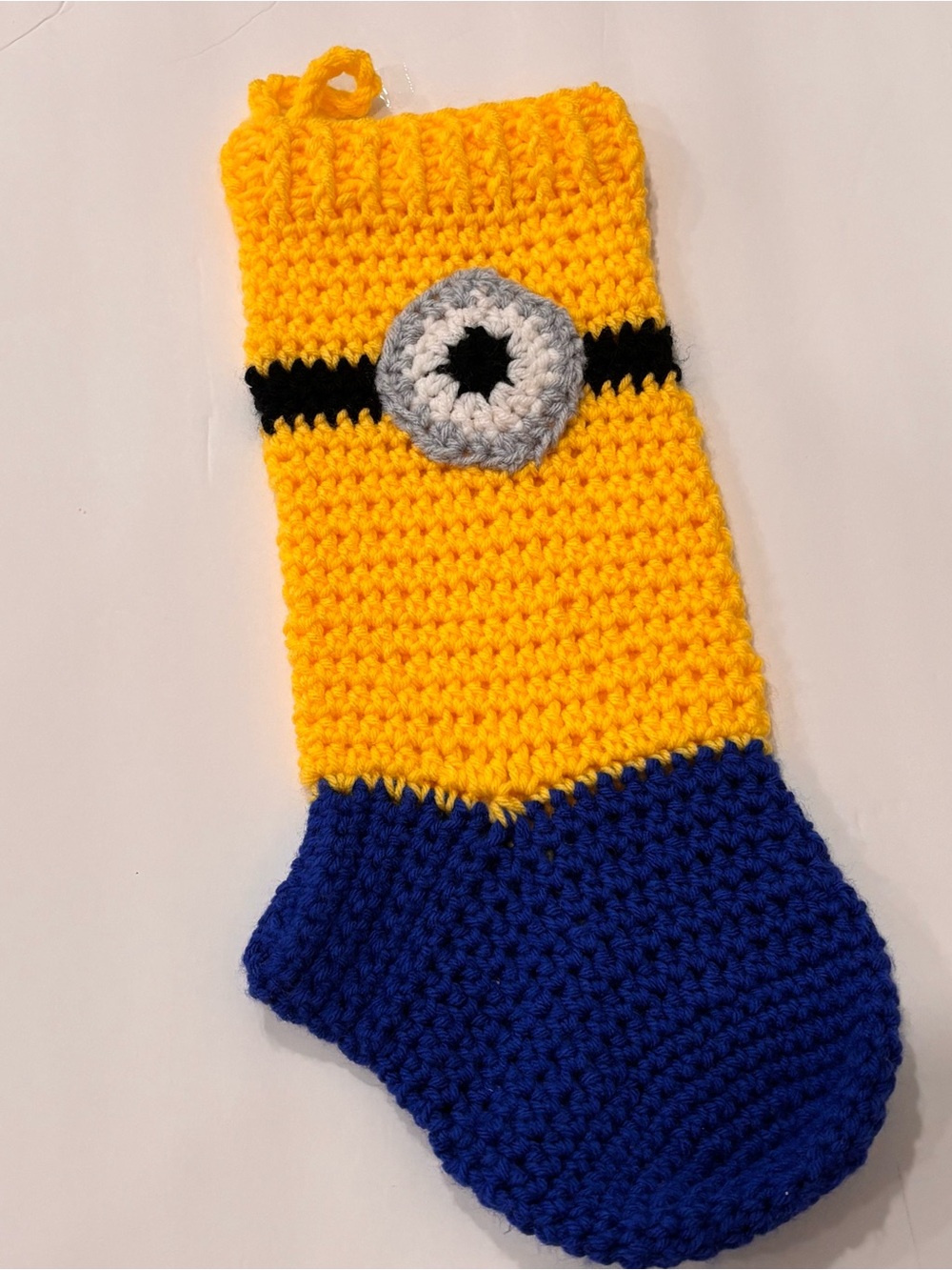 Bright Yellow & Blue Kids Crochet Stocking with Gray Eye Accent 16.5x6.5”